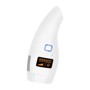 May include: A white handheld hair removal device with a curved design. It features a digital display showing the number "999900" and a battery indicator. A blue button is located above the display.