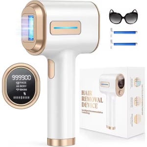 May include: A white and gold hair removal device with a digital display showing the number 999900. The device has a rectangular head and a handle. The image also includes a pair of sunglasses and a box with the words "HAIR REMOVAL DEVICE".