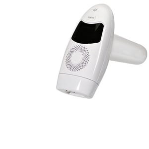 May include: A white, handheld hair removal device with a rounded body and an angled handle. It features a black display screen, a circular ventilation pattern, and a power button. The word "MODE" is printed above the screen.