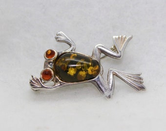 Sterling Silver Leaping Frog Amber Brooch Pin 11/16 inch wide