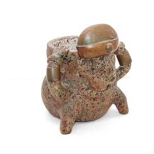 Antique Terracotta and Copper Mayan Aztec Figurine Pot