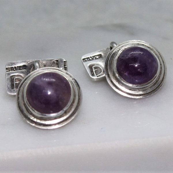 Vintage Fredrick Davis Sterling Silver Amethyst Modernist Cufflinks