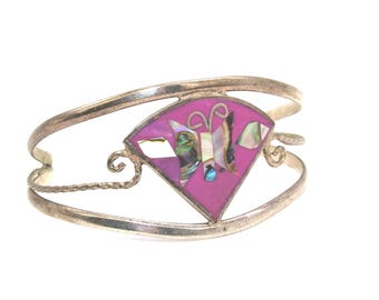 Vintage Alpaca Silver Inlaid Butterfly Bracelet