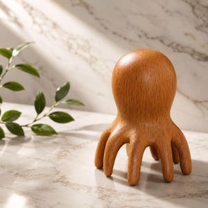 Peut inclure: Un outil de massage en bois brun clair lisse, en forme de pieuvre avec un sommet arrondi et plusieurs pieds incurvés s'étendant vers le bas pour former une base stable. Le grain du bois est visible sur toute la surface de l'objet.