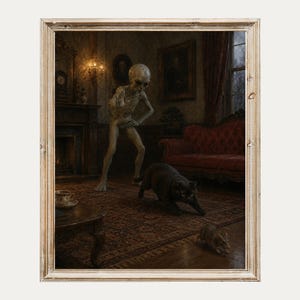 Alien Cat and Rat schilderij Victoriaans Dark Academia Decor grappig Sci Fi Art Print eigenzinnige gotische muurkunst