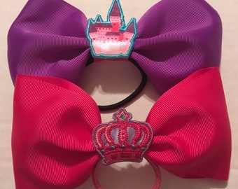 TWO Adorable princess bows in pink and purple