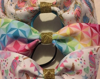 THREE unicorn magical inspired colorful cheer, dancer, princess tail less bows