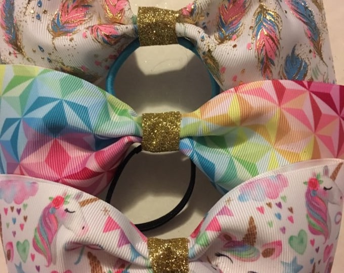 THREE unicorn magical inspired colorful cheer, dancer, princess tail less bows