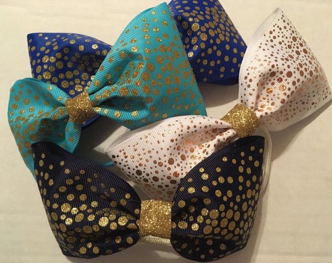 FOUR shimmery, glitter, sparkle gold embellished tail less cheer bows