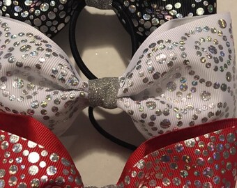 THREE Silver glitter sparkling tail less cheer and dance bows with no clasp ponytail holder