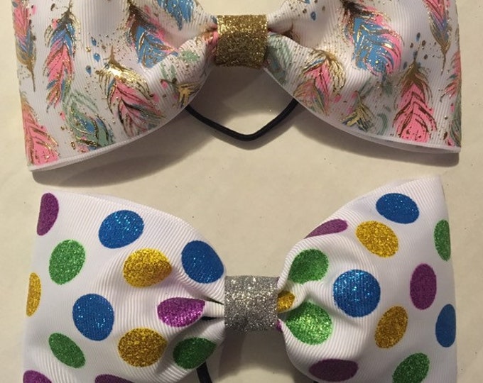 Two colorful magical unicorn inspired cheerleader, dancer, princess bows