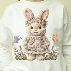 Embroidered Floral Chenille Bunny Patch with Flower Crown & Pastel Spring Blooms