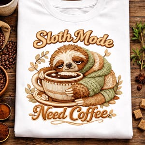 Funny Sloth Mode Need Coffee PNG |  Embroidered Chenille Style ,Caffeine Design | Cozy Sublimation Art