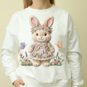 Gestickter Blumen Chenille Hasen Aufnäher mit Blumenkrone & Pastellfarbenen Frühlingsblüten