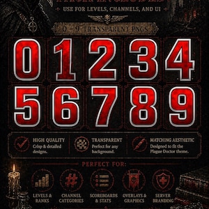 May include: A digital graphic pack with numbers 0-9 in a gothic, plague doctor theme. The numbers are red with a silver outline, set against a dark background. Includes text: "Custom Number Pack Included!" and "Small Details. Big Impact."