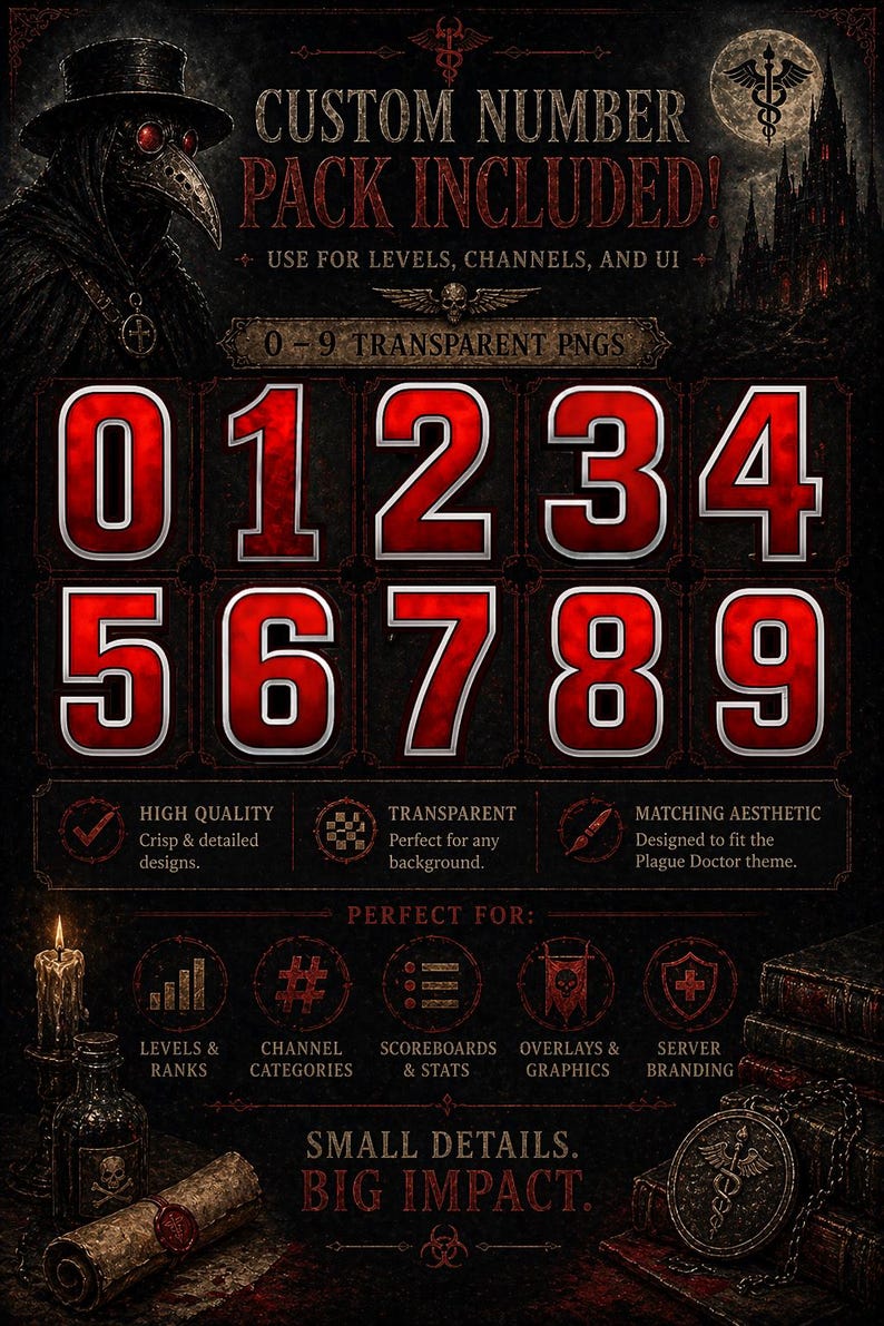 May include: A digital graphic pack with numbers 0-9 in a gothic, plague doctor theme. The numbers are red with a silver outline, set against a dark background. Includes text: "Custom Number Pack Included!" and "Small Details. Big Impact."
