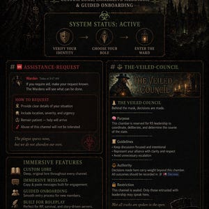 May include: A dark, gothic-style graphic with the text "STORY-DRIVEN EXPERIENCE." It features a plague doctor illustration and sections for assistance, council, and immersive features. The image promotes a role-playing server.