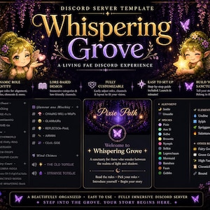 Può includere: Modello di server Discord digitale "Whispering Grove", a tema fantasy, con fate, farfalle e un'ambientazione mistica nella foresta. Il design include testo e grafica per il gioco di ruolo e la costruzione della comunità, con una combinazione di colori viola scuro e oro.