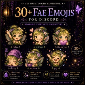 May include: A digital art graphic with the text "30+ Fae Emojis for Discord." The image features six cartoon fae characters with green hair and wings, each expressing different emotions. The background is dark with purple accents.