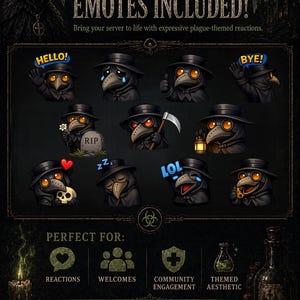 May include: A dark graphic with Plague Doctor emotes displaying different emotions, with speech bubbles saying "HELLO!" and "BYE!". The image includes the text "PLAGUE DOCTOR EMOTES INCLUDED!" and "MAKE YOUR SERVER UNFORGETTABLE."