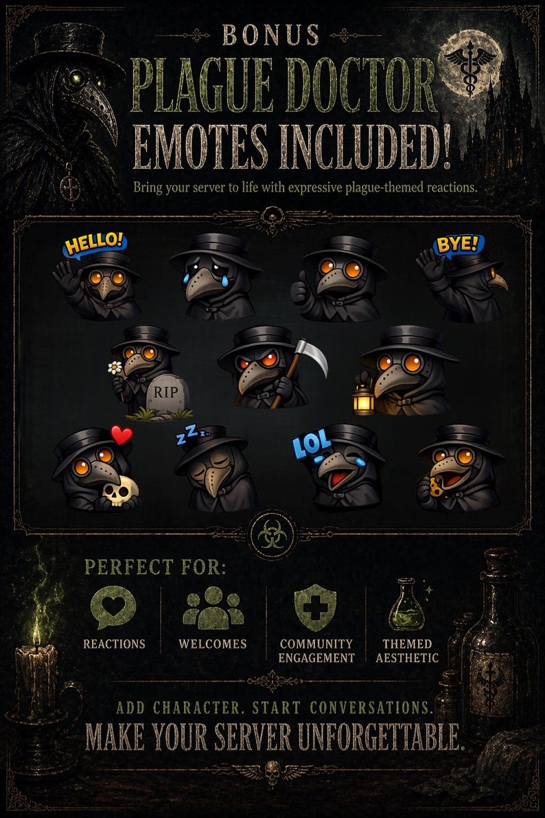May include: A dark graphic with Plague Doctor emotes displaying different emotions, with speech bubbles saying "HELLO!" and "BYE!". The image includes the text "PLAGUE DOCTOR EMOTES INCLUDED!" and "MAKE YOUR SERVER UNFORGETTABLE."