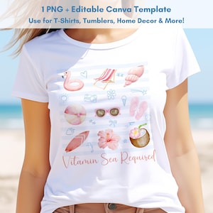 Pink Summer T-Shirt Design, Watercolor and Doodles, Editable Canva Template, Commercial Use, Sublimation & Print Ready