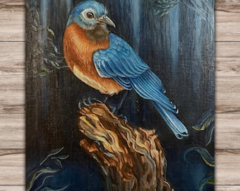 Mglisty poranek, błękitny ptak | Oryginalny obraz | Akryl na płótnie