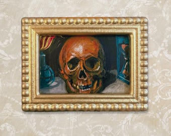 Vanitas Memento Mori Mini Natura morta con teschio incorniciato / Dipinto originale / Arte da parete vintage gotica dark academia di ispirazione barocca