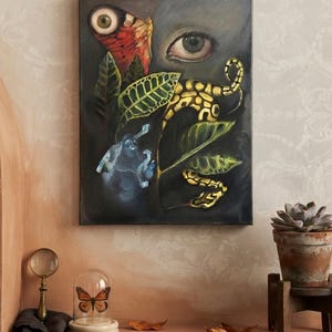 Snake, Moth Eyes & Buddha Still Life | Original Oil on Canvas | Python Painting | Watchful Wildlife | Surreal Art | Dark Academia