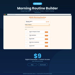 Könnte beinhalten: Eine digitale Oberfläche für einen Morgenroutine-Builder für ADHS. Der Bildschirm zeigt einen Countdown-Timer und eine Liste von Schritten, darunter Wasser trinken, Medikamente einnehmen, Zähne putzen, Gesicht waschen und sich anziehen. Der Hintergrund ist dunkelblau.
