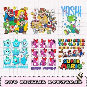 May include: A collection of colorful digital art featuring characters from the Super Mario video game series. The designs include Mario, Luigi, Yoshi, Princess Peach, Bowser, and other characters. Text includes "Yoshi", "Lumalee Moods", "Birdo Moods", and "Super Mario".