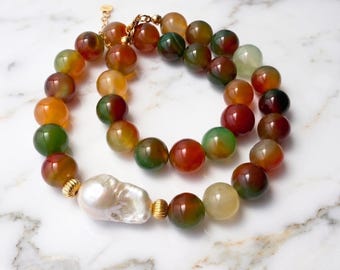 Chunky Peacock Agate Necklace with Natural Baroque Pearl Charm, Protection Gemstones Necklace, Unique Women Gift