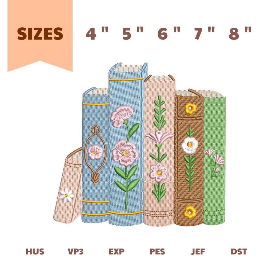 Floral Books Embroidery Design, Vintage Bookshelf Machine Embroidery ...
