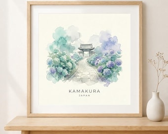 Lámina de Kamakura, Japón, acuarela del templo de las hortensias, póster de viaje japonés, descarga digital imprimible, decoración del hogar japonesa