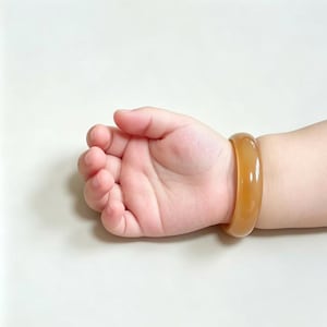 May include: A smooth, solid, translucent honey-colored bangle bracelet with a rounded profile. The bangle has a polished, glossy finish and a uniform circular shape, reflecting light across its curved surface, worn on a wrist.
