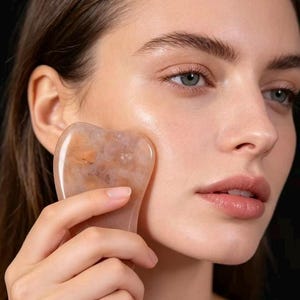 Puede incluir: Una herramienta de masaje gua sha en forma de corazón, hecha de piedra pulida y translúcida con inclusiones moteadas en tonos beige, marrón y crema. Los bordes suaves y curvos de la piedra muestran un patrón natural y variado.