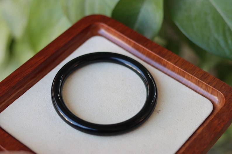 Natural Black Green Jade Bangle – Hand-Polished Round Elegant Bracelet image 6