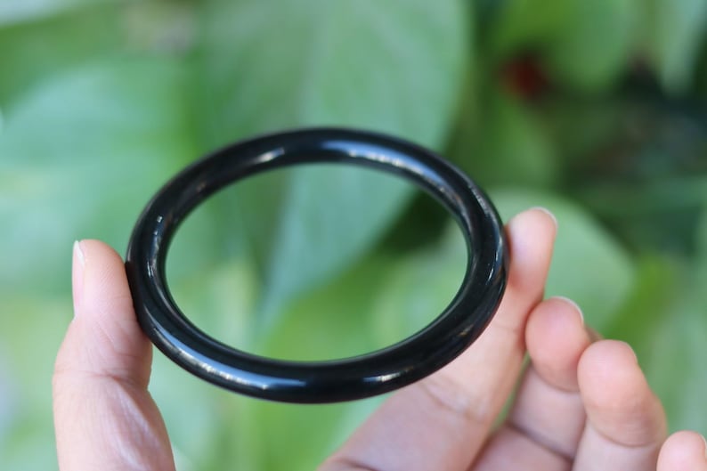 Natural Black Green Jade Bangle – Hand-Polished Round Elegant Bracelet image 5