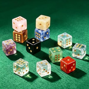 May include: A collection of colorful dice in various colors, including pink, brown, blue, black, green, red, and clear. Each die has gold-colored dots. The dice are arranged on a green surface.