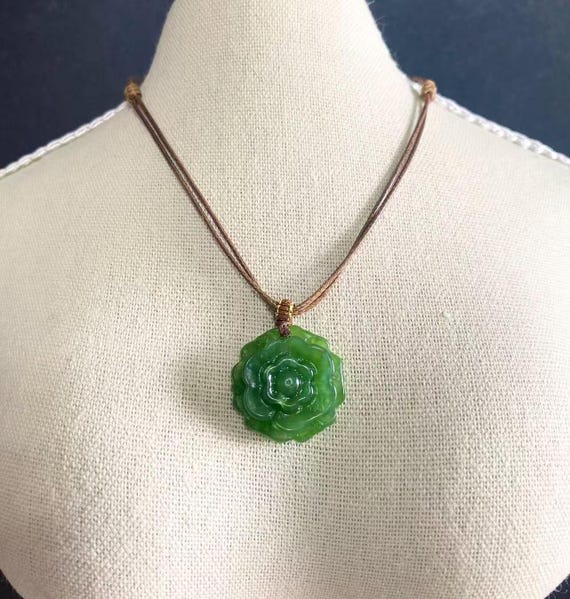 Natural Canadian Green Jade Pendant | Certified Flower Necklace | Hand Carved Nephrite Jewelry