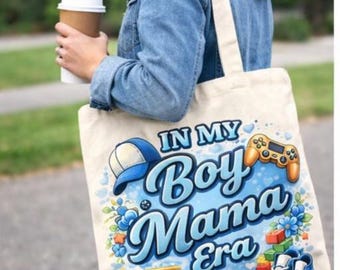 In My Boy Mama Era Tote Bag – Funny Mom Life Canvas Tote – Boy Mom Gift – Sports & Toy Theme Mom Bag – Everyday Carry Tote
