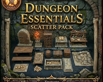 May include: A collection of 15 miniature dungeon essentials, including a wooden door, tables, a bed, a barrel, chests, and a laboratory table. The text reads "Campaign Classics Dungeon Essentials Scatter Pack". The design is timeless and suitable for any table.
