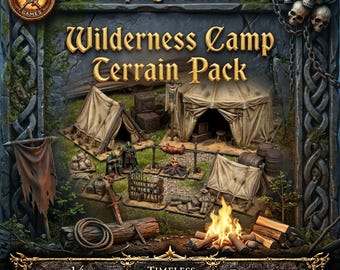 May include: A detailed miniature terrain pack for tabletop gaming, featuring a wilderness camp scene. The set includes tents, figures, a campfire, and other accessories. The text on the image reads "Campaign Classics Wilderness Camp Terrain Pack" and "14 Miniatures".