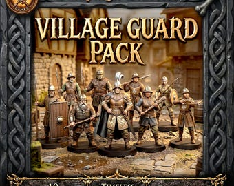 May include: A set of ten fantasy miniature figures titled Campaign Classics Village Guard Pack. The figures include armored guards with spears, shields, swords, and a crossbow, all standing on circular bases within a decorative stone frame.