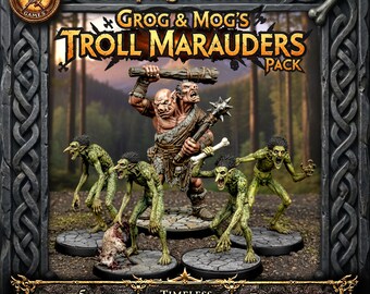 May include: A set of five fantasy miniatures titled Grog & Mog's Troll Marauders Pack. The collection includes one large two-headed troll wielding a club and mace, and four smaller green goblin-like creatures, one of which is holding a carcass.