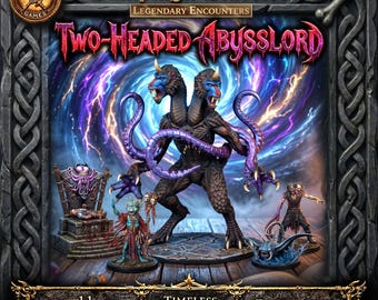 May include: A collection of tabletop gaming miniatures featuring a central two-headed creature with purple tentacles, flanked by smaller figures including a throne, a staff-wielding character, and a creature in water, all set against a portal background.
