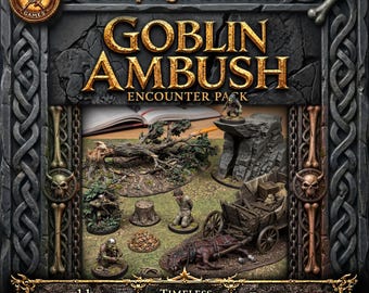 May include: A promotional image for the "Goblin Ambush Encounter Pack" featuring miniature figurines, a horse-drawn cart, and terrain elements. The text includes "Campaign Classics," "11 Miniatures," and "Timeless Designs for Any Table."