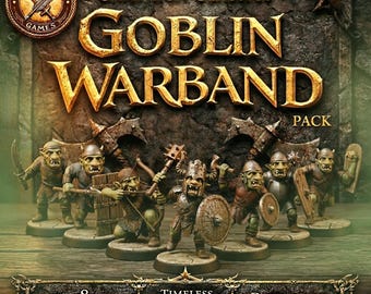 May include: A set of eight green-skinned goblin miniatures from the Ember Tale Games Campaign Classics Goblin Warband Pack. The figures are equipped with various weapons including bows, axes, and shields, standing on circular stone bases.
