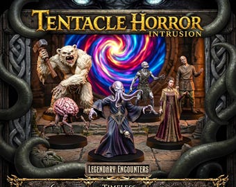 May include: A set of six fantasy miniatures featuring a white bear-like creature with a hammer, a brain on legs, a tentacled humanoid in robes, a gaunt figure, and two humanoids in period clothing, set against a swirling portal background.