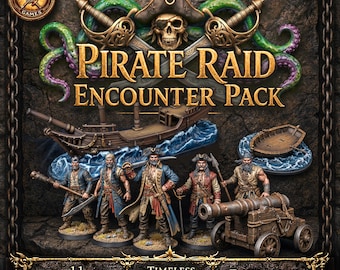 May include: A tabletop game set titled Pirate Raid Encounter Pack featuring a skull with an eyepatch, crossed swords, and green tentacles. Includes a wooden ship, a rowboat, four pirate miniatures, and a cannon on a carriage with 11 miniatures.